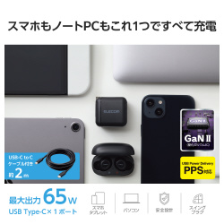 Ｔｙｐｅ－Ｃ充電器　ＰＤ　６５Ｗ　２ｍ　ブラック