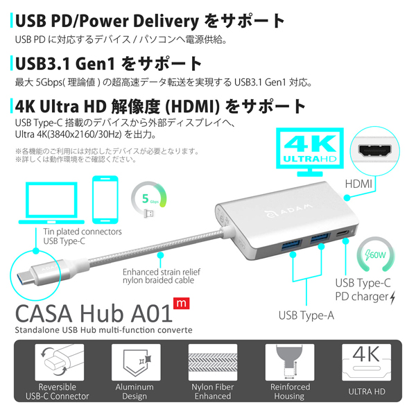USB Type-Cハブ 2ポートType-A/PD/HDMI変換アダプター シルバー このUSBハブ1つでデータ転送/HDMI映像音声出力/PD充電が可能