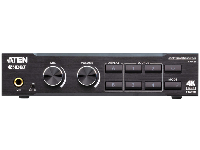 4入力2出力プレゼンマトリックススイッチャー（4K60p、スケーリング、DSP、HDBaseT-Lite対応）