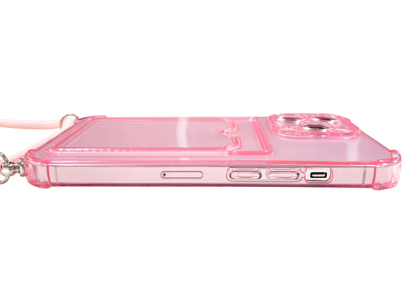 iPhone 13 Pro対応 クリア（ピンク）ケース/ロングストラップ/カードポケット付