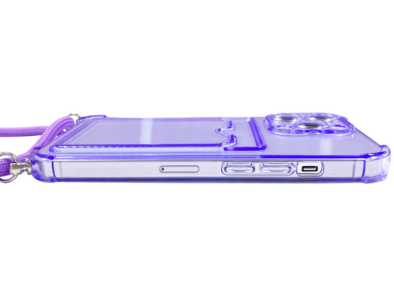 iPhone 13 Pro対応 クリア（パープル）ケース/ロングストラップ/カードポケット付