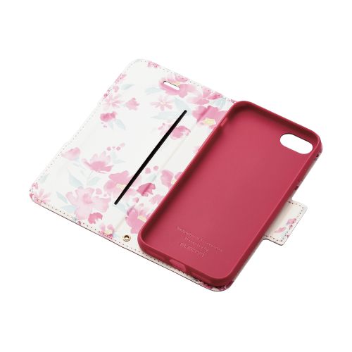 iPhone SE 第3世代/SE 第2世代/8/7用レザーケース/手帳型/UltraSlim/Flowers/薄型/磁石付き/ディープピンク