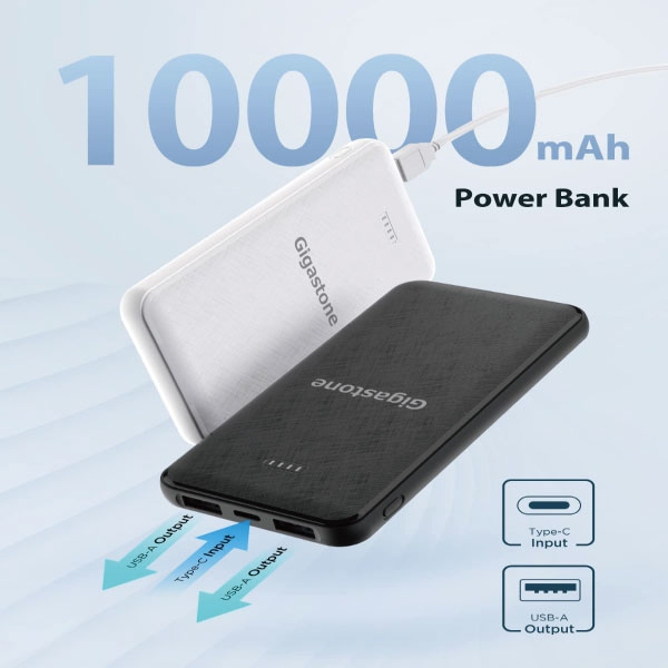 Gigastone 10000mAh モバイルバッテリー 2.4A急速充電 USB2ポート出力 Type-C入力 2台同時充電 残量表示 Android iPhone iPad 多様なデバイスに対応 PSE認証 ブラック