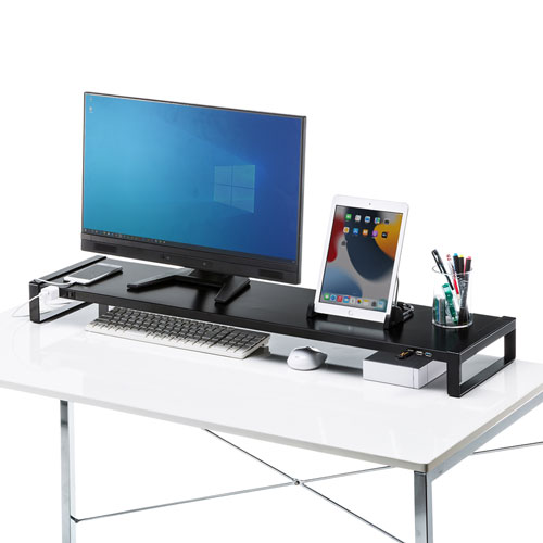 電源タップ＋USBハブ付き机上ラック（W1000mm・ブラック）