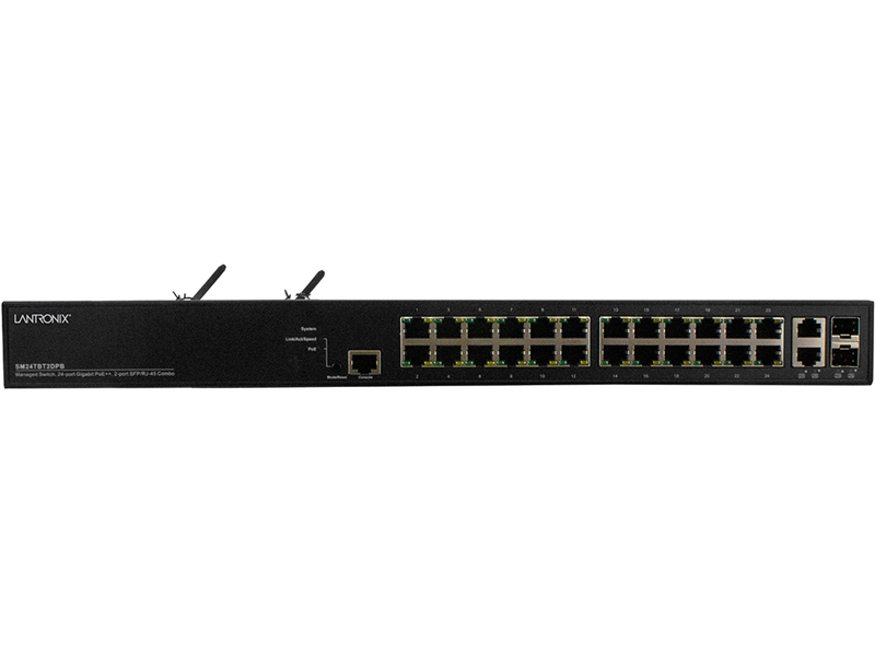 イーサネット PoE++ スイッチ (24) 10/100/1000Base-T ポート + (2) 100/1000Base-X SFP/RJ-45 コンボポート (1) AC電源