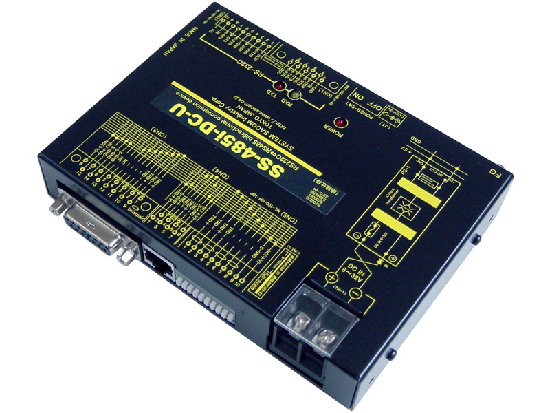RS232C⇔RS485変換器（DC10～32V仕様）【絶縁】【両側複数コネクタ】【RJ45コネクタ搭載で自機同士を市販LANケーブルで接続】Dsub9P/端子台10P⇔Dsub15P/端子台10P/RJ45