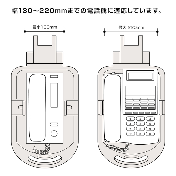 テレホンスタンドフレックス ハイタイプ 背面取り付け簡単 適応電話機幅130～220mm、質量1kgまで ベース回転範囲360° 最大クランプ取り付け幅60～20mm