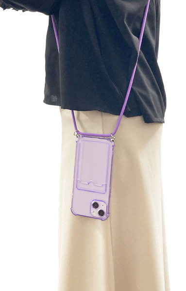 iPhone 13対応 クリア（パープル）ケース/ロングストラップ/カードポケット付
