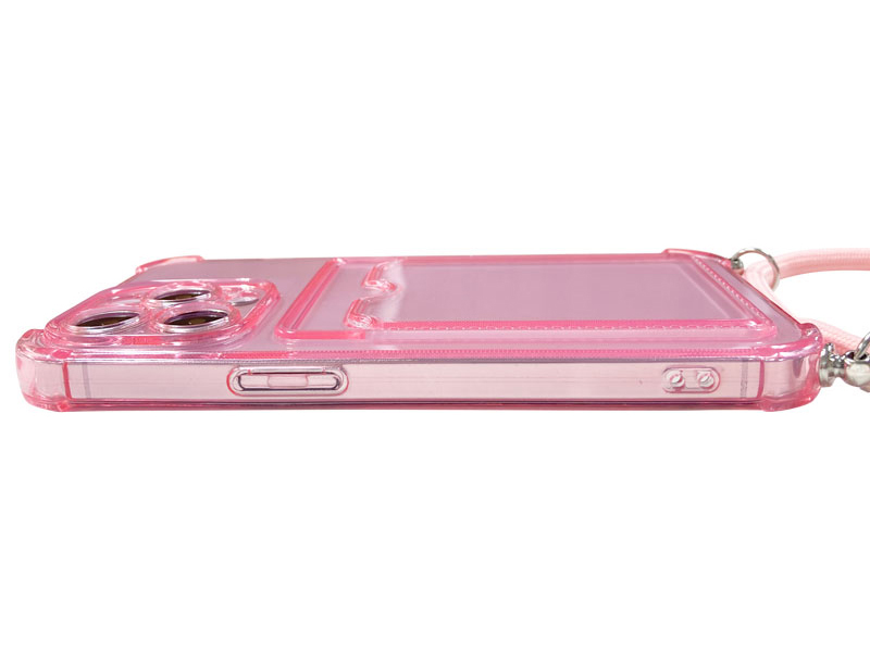 iPhone 13 Pro対応 クリア（ピンク）ケース/ロングストラップ/カードポケット付