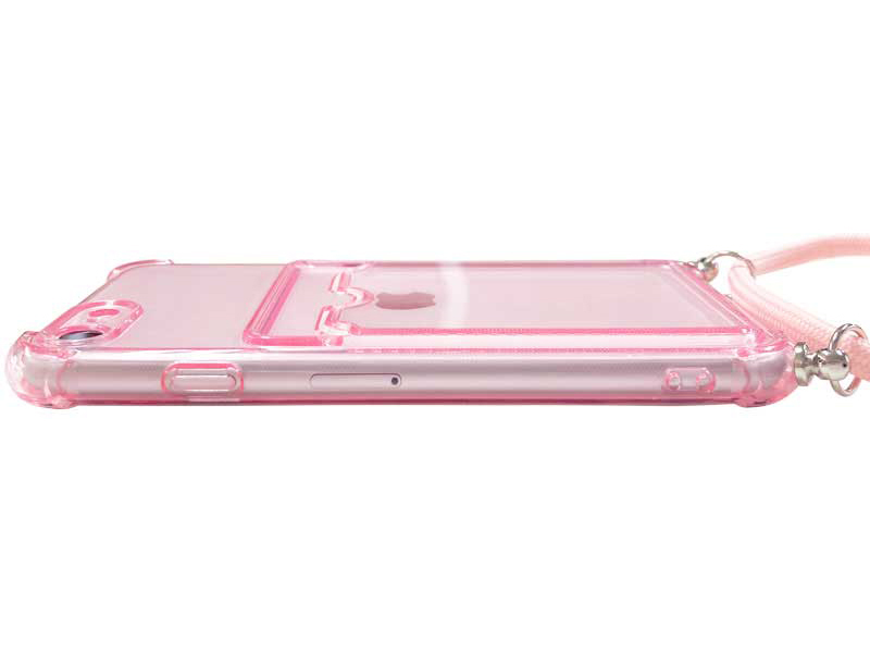 iPhone SE (Gen 3/2)/8/7/6対応 クリア（ピンク）ケース/ロングストラップ/カードポケット付