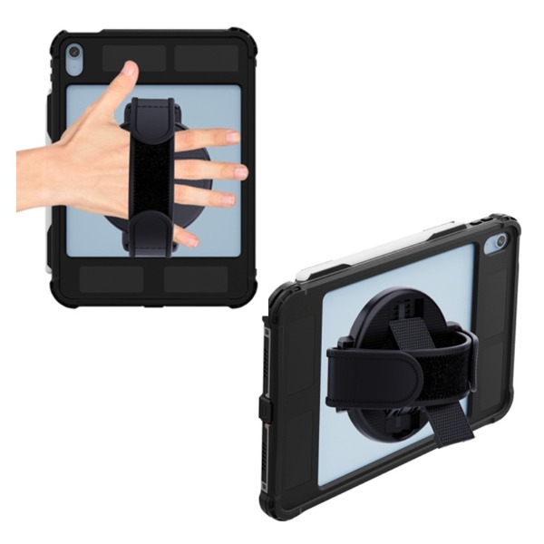 【耐衝撃・防塵防水】iPad A16/第10世代専用(11インチ)IP68ケース 二重リング付きフック式ストラップ・回転ハンドベルト付スタンド付属