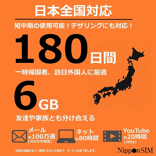 Nippon SIM for Japan 標準版 180日6GB 日本国内用 ドコモ回線 プリペイドデータSIMカード(事務手続一切不要・SIMカード同梱・簡単設定/即利用OK)