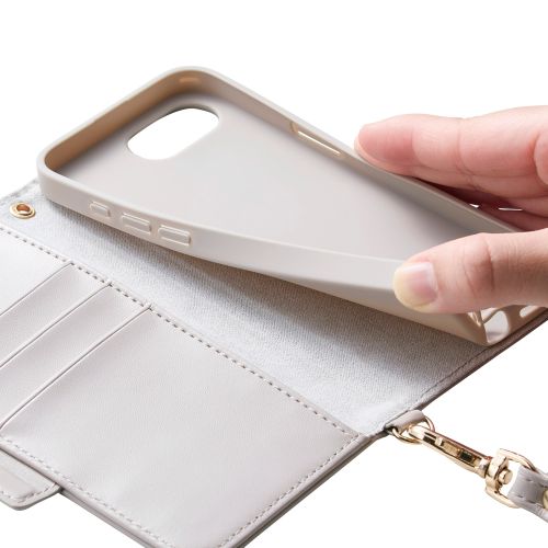 iPhone 17e/16e/レザーケース/手帳型/耐衝撃/磁石付き/ステッチ/ハンドストラップ付/グレージュ