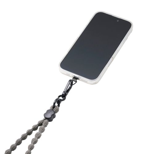 スマホショルダーストラップ/伸縮/こぶ紐/軽量/反射糸/ステンレスストラップホールシート付属(1口タイプ×1枚)/チャコール