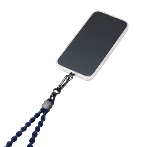 スマホショルダーストラップ/伸縮/こぶ紐/軽量/反射糸/ステンレスストラップホールシート付属(1口タイプ×1枚)/ネイビー