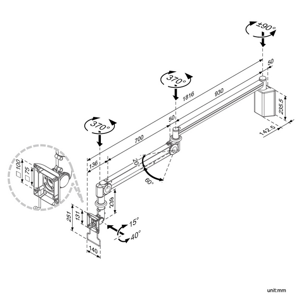 壁面固定ロングモニターアーム　HA-325