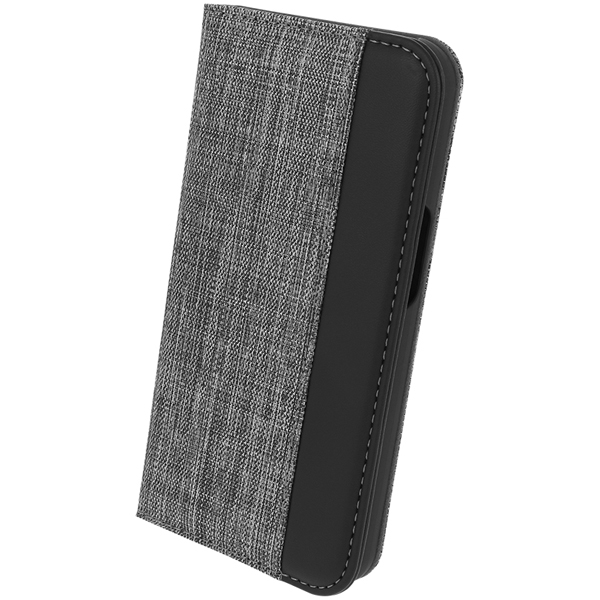 ファブリック素材とPUレザーを縦にあしらったバイカラーデザイン iPhone 13 Pro専用 THE PUレザー手帳型ケース グレー×ブラック 約78(W)×17.5(D)×150.5(H)mm