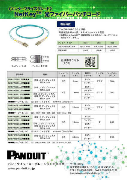 光ファイバーパッチコード NetKey 片端LCデュプレックス・片端SCデュプレックス 極性AtoB OS2 LSZH 4m