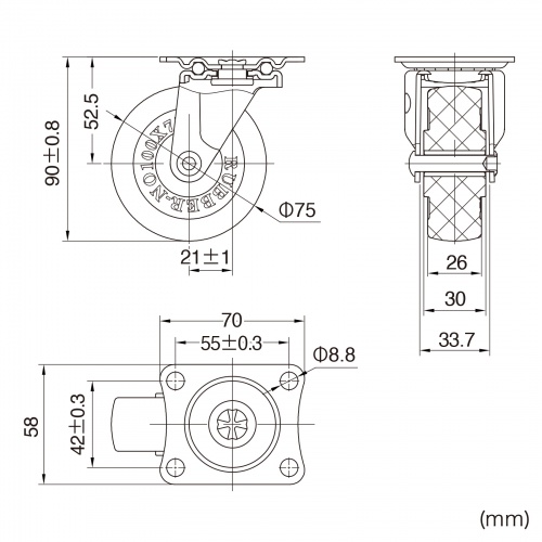 汎用キャスター 75mm径 2個セット（フリー）ゴム製