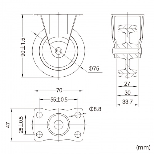 汎用キャスター 75mm径 2個セット（固定）TPR製
