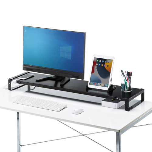 電源タップ＋USBハブ付き机上ラック（W1000mm・ブラック）