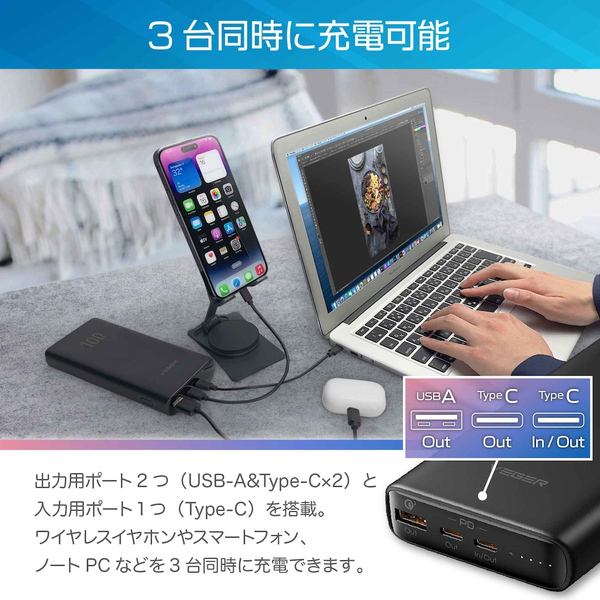 VEGER Power Bank T100 20000mAh 100W出力 大容量モバイルバッテリー 3台同時に充電可能
