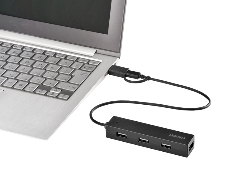 タブレット・スマホ用 USB2.0 4ポートハブ 変換コネクター付き ブラック