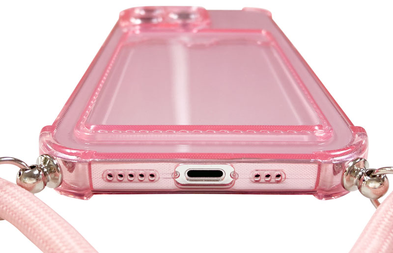 iPhone 13 Pro対応 クリア（ピンク）ケース/ロングストラップ/カードポケット付