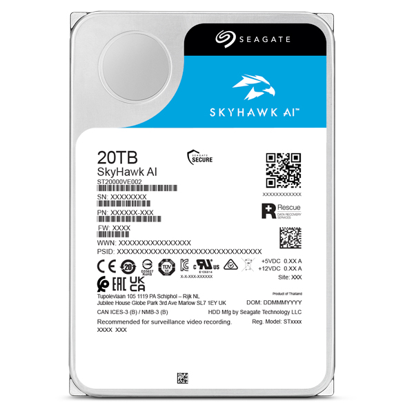 Seagate SkyHawk AI 3.5【データ復旧3年付】 20TB 内蔵HDD (CMR) メーカー5年保証 512MB 7200rpm ネットワーク ビデオ レコーダー AI対応NVRシステム用ST20000VE003