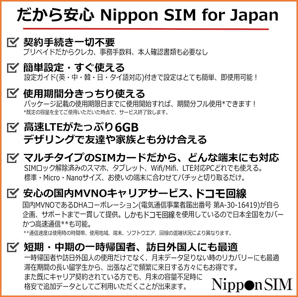 Nippon SIM for Japan 標準版 180日6GB 日本国内用 ドコモ回線 プリペイドデータSIMカード(事務手続一切不要・SIMカード同梱・簡単設定/即利用OK)