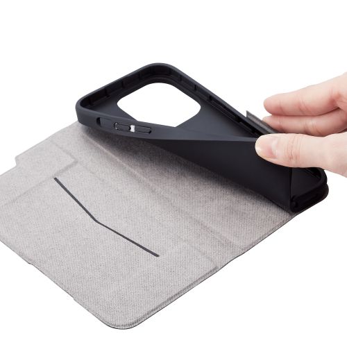 iPhone 14 Pro用レザーケース/手帳型/UltraSlim/薄型/磁石付き/カーボン調(ブラック)