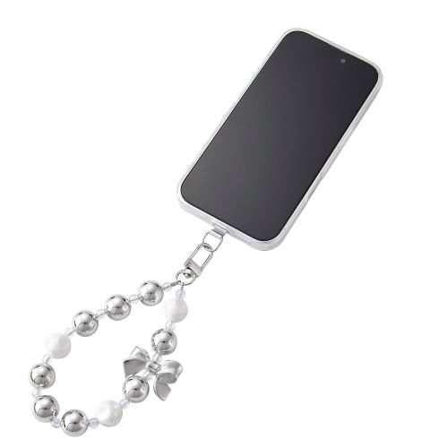 スマホハンドストラップ/ストラップホールシート付属/ビーズ/シルバー