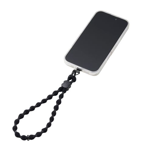 スマホハンドストラップ/伸縮/こぶ紐/軽量/反射糸/ステンレスストラップホールシート付属(1口タイプ×1枚)/ブラック