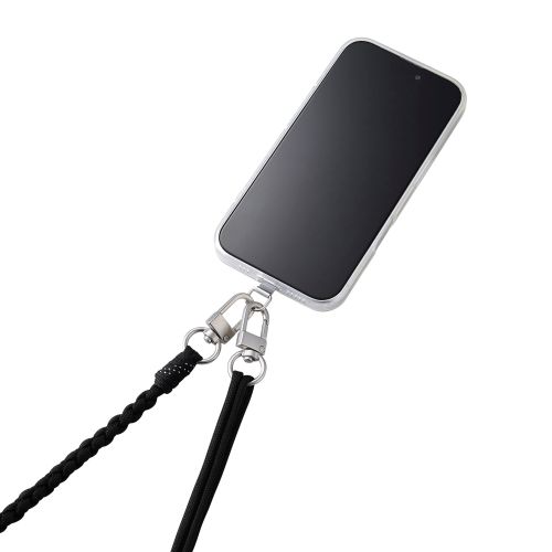 スマホショルダーストラップ/ストラップホールシート付属/編み物/ブラック