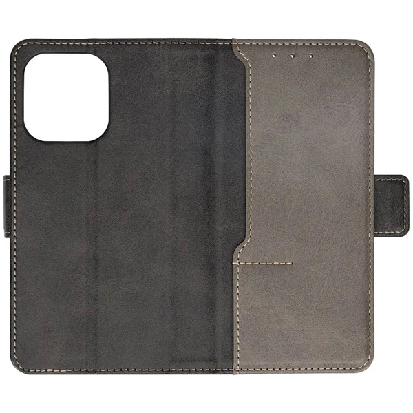 iPhone 14 Pro専用 エレガントな大人のデザイン シックなバイカラーデザインのPUレザー手帳型ケース ブラック×グレー 製品サイズ約83(W)×21(D)×151.5(H)mm