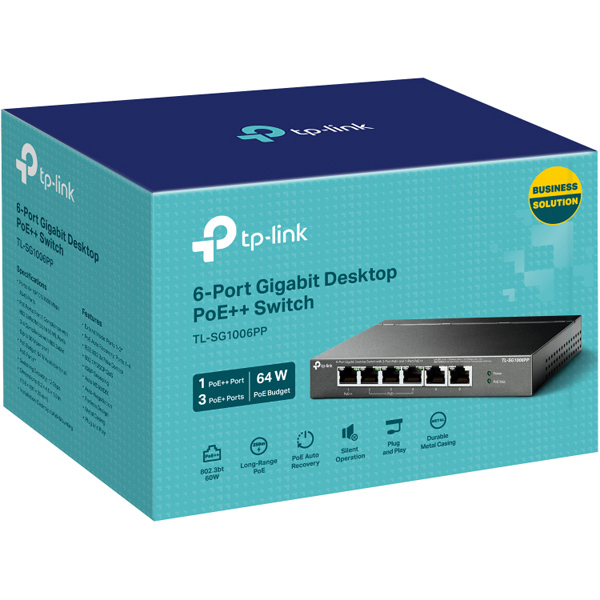 6ポートギガビットデスクトップスイッチ（PoE+3ポート & PoE++1ポート搭載）
