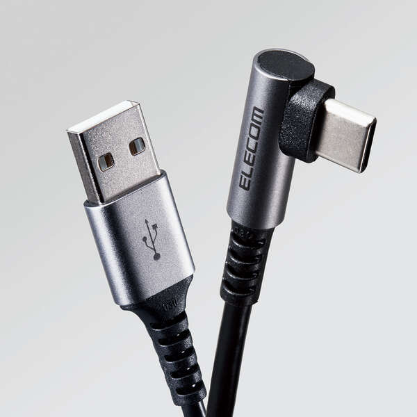 USB Type-Cケーブル/スマホ用/USB(A-C)/認証品/L字コネクタ/抗菌・抗ウイルス/1.2m/ブラック