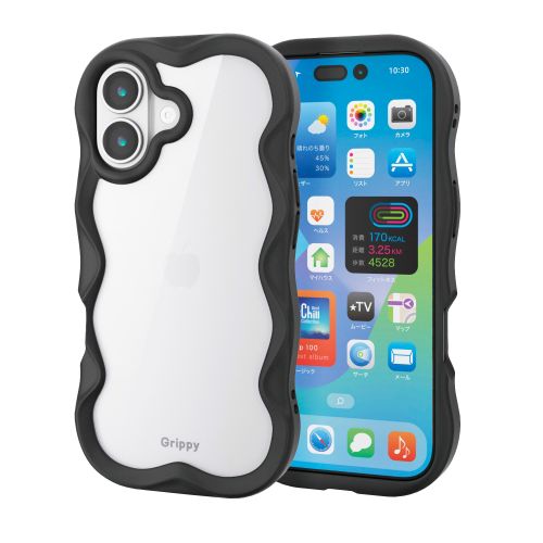 iPhone 17/ハイブリッドケース/Grippy/フレームカラー/ウェーブ/メタルステッカー付/ブラック