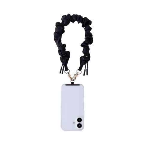 スマホハンドストラップ/ストラップホールシート付属/シュシュ/上品/ブラック