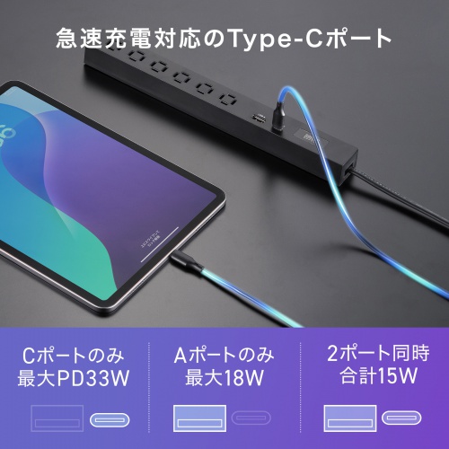 スリムタップ（AC6個口・A1＋C1・PD33W・1.5m・ブラック）