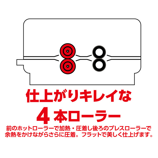 4ローラーラミネーター ウォームアップ35秒 加工時間33秒 A3対応 100/150ミクロン対応 最大ラミネート厚0.6mm 最大ラミネート幅325mm W515×D176×H122mm