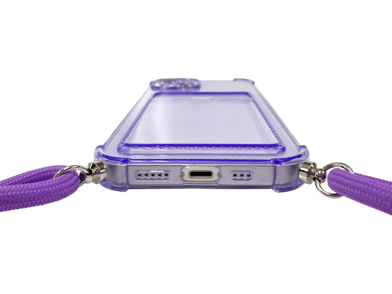 iPhone 13対応 クリア（パープル）ケース/ロングストラップ/カードポケット付