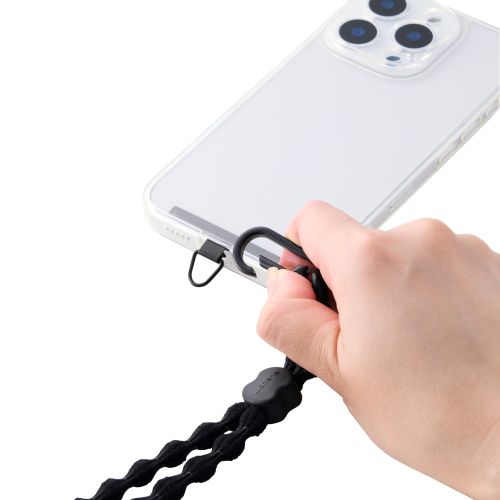 スマホショルダーストラップ/伸縮/こぶ紐/軽量/反射糸/ステンレスストラップホールシート付属(1口タイプ×1枚)/ブラック