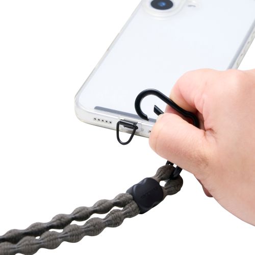 スマホショルダーストラップ/伸縮/こぶ紐/軽量/反射糸/ステンレスストラップホールシート付属(1口タイプ×1枚)/チャコール