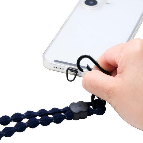 スマホショルダーストラップ/伸縮/こぶ紐/軽量/反射糸/ステンレスストラップホールシート付属(1口タイプ×1枚)/ネイビー