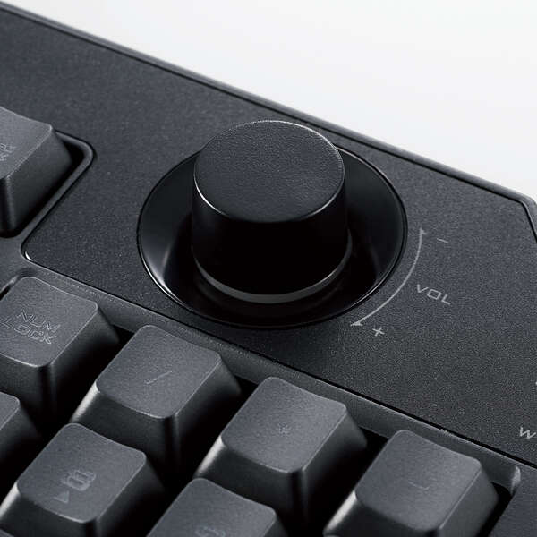 ゲーミングキーボード/メンブレン式/着脱式リストレスト付/ボリュームダイヤル付/フルキー/有線/ブラック