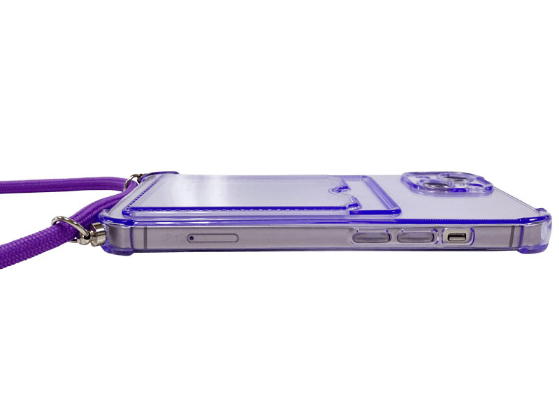 iPhone 13対応 クリア（パープル）ケース/ロングストラップ/カードポケット付