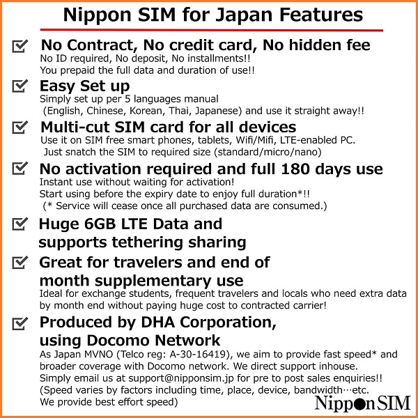 Nippon SIM for Japan 標準版 180日6GB 日本国内用 ドコモ回線 プリペイドデータSIMカード(事務手続一切不要・SIMカード同梱・簡単設定/即利用OK)