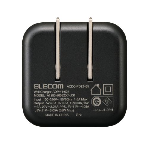 ノートPC用ACアダプター/USB充電器/USB PD/65W/USB-C/スイングプラグ/ブラック