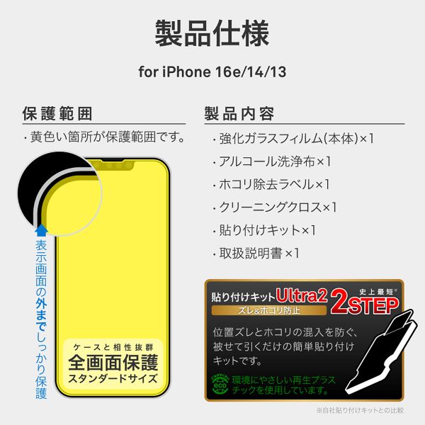 iPhone 16e/iPhone 14/iPhone 13 ガラスフィルム「GLASS PREMIUM FILM」 ブルーライトカット